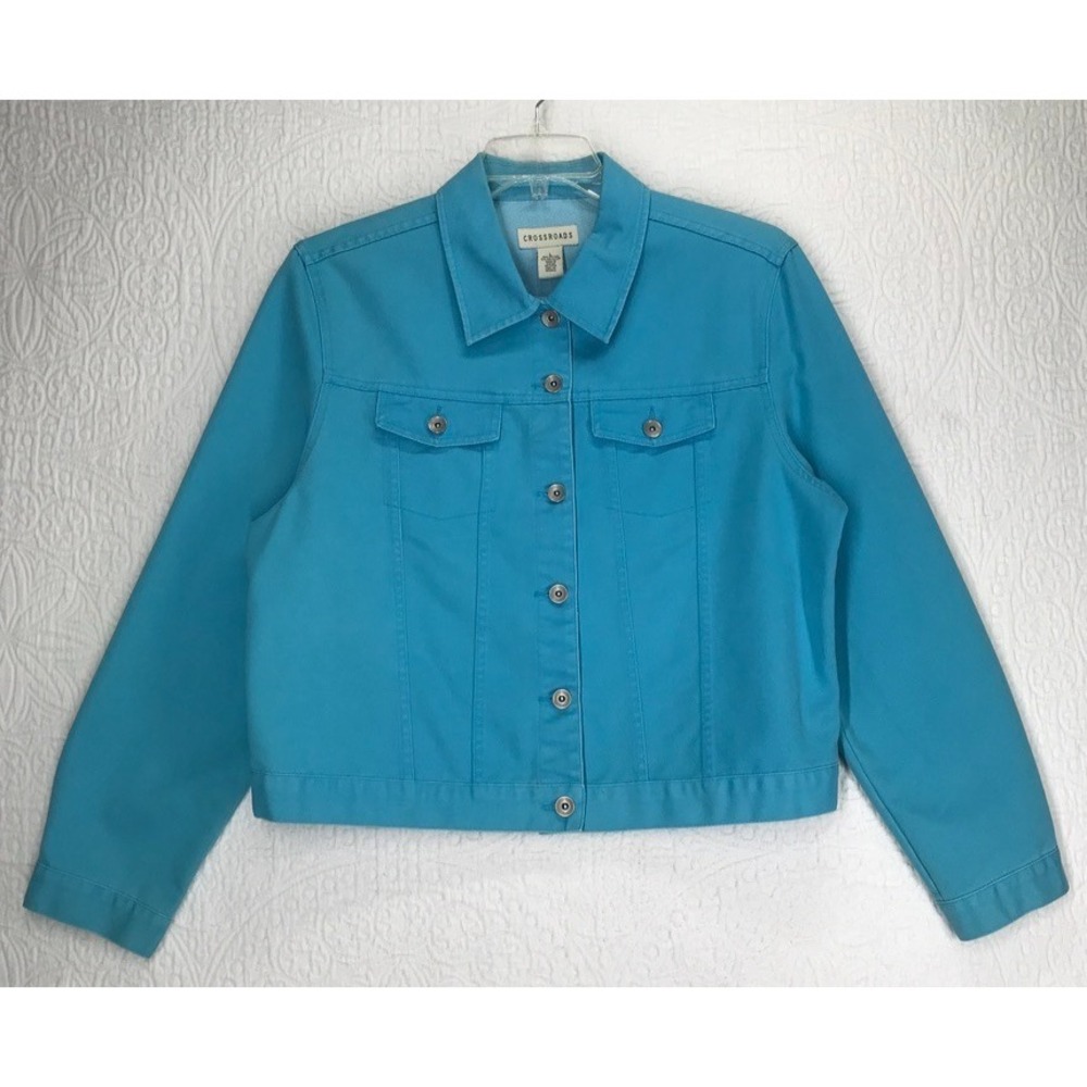 Crossroads Denim Jacket Women Size L Long Sleeve Button Up Aqua